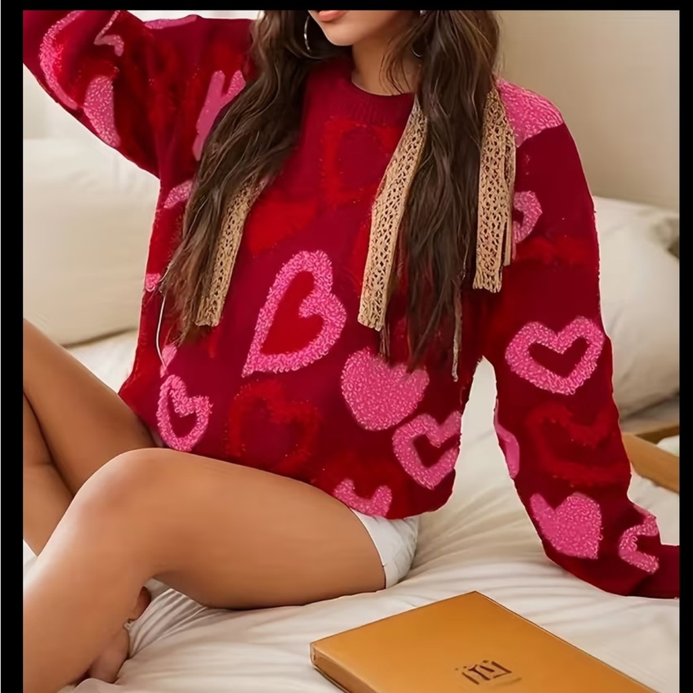 Red pink valentine heart print intarsia Sherpa soft cardigan sweater jacket top - Picture 5 of 5